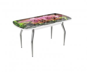 Стол стеклянный раздв. с фотопечатью, ноги изогнутые хром (Орхидея розовая)