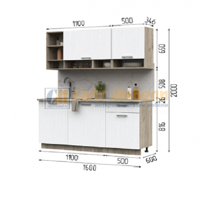 Кухня Рица 1.6 м (Белый/Дуб крафт серый)